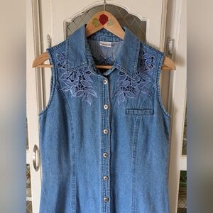 1990s Sleeveless Embroidered Cutout Lace Denim Maxi Western Dress Light Blue M
